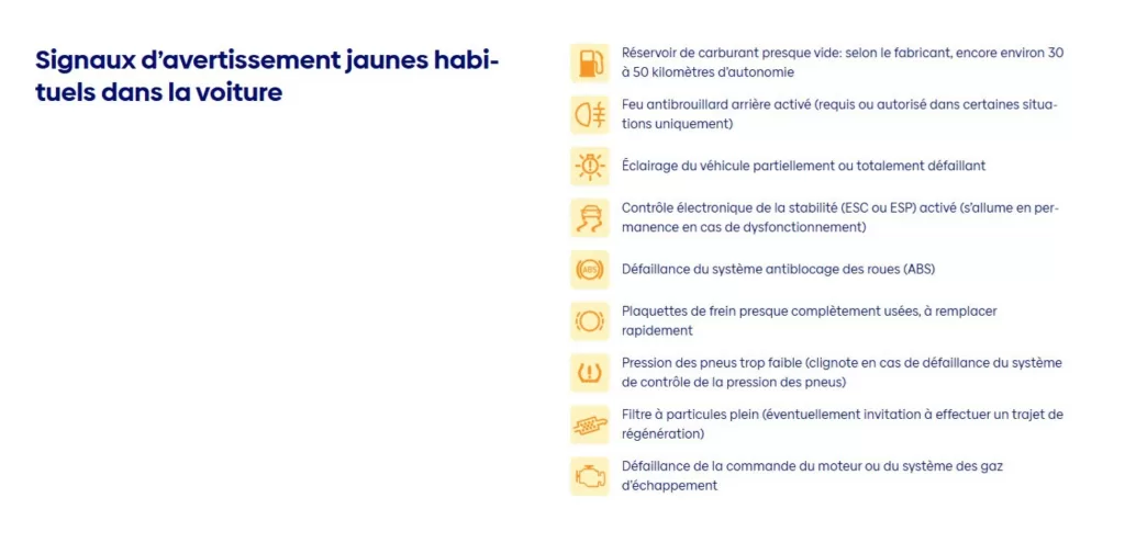 signaux d'avertissement jaunes dans la voiture
