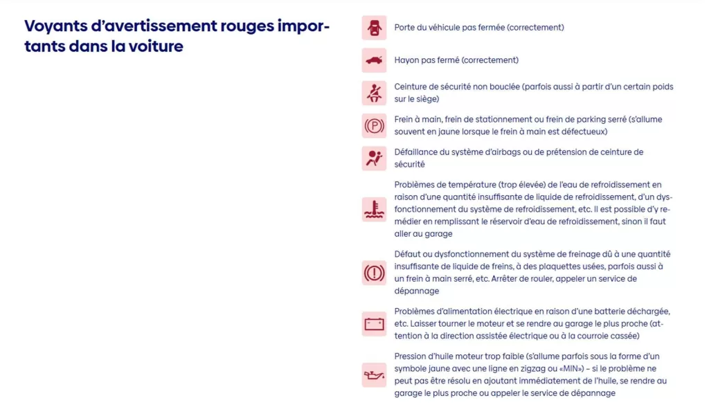 voyants d'avertissement rouges dans la voiture